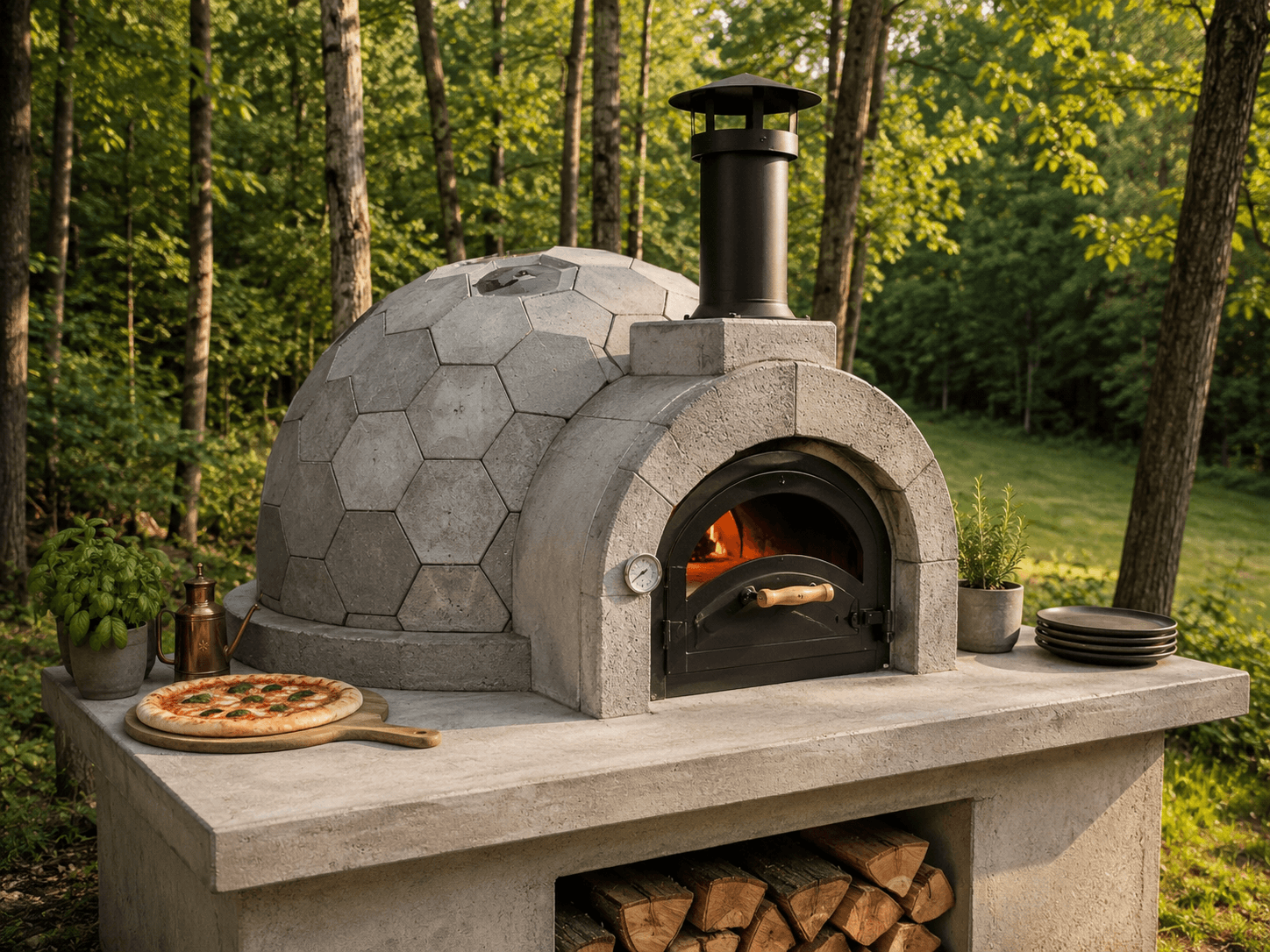 Geometric cast-block pizza oven outdoors with fire burning and fresh pizza on a wooden paddle